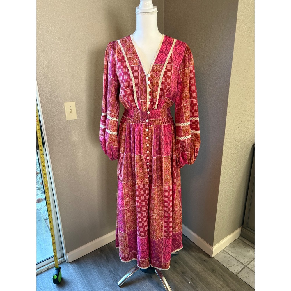 Cider Boho Patchwork Maxi Dress Red Pink Lace Trim Smocked Waist NWT Size Medium